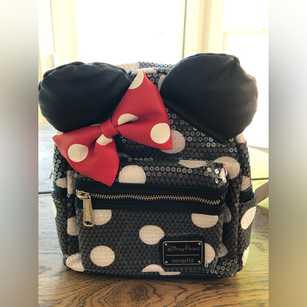 Disney Parks Loungefly Sequin Black White Polka Dot Mini Backpack Purse NWT